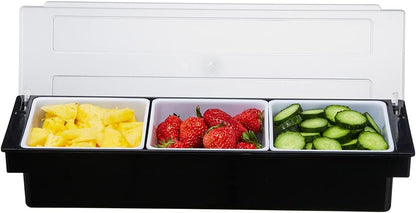 Ice Cooled Condiment Serving Container-6 Compartment Chilled Garnish Tray Bar Caddy with Hinged Lid (6 Compartments)