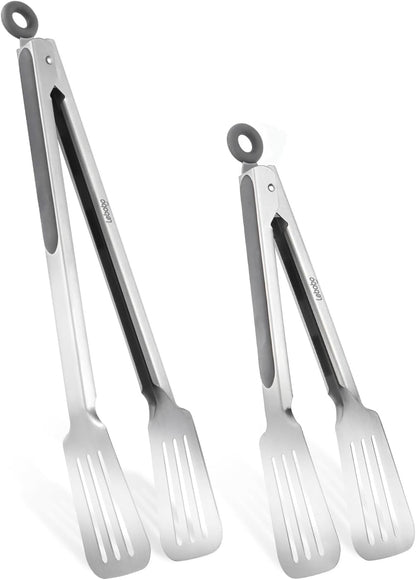 Metal Tongs for Cooking, Set of 2 Stainless Steel Spatula Tongs for Grilling, Cooking and Flipping, Strong Grip for Ribs, Steak and Fish, Comfortable Grip, Easy Pull Lock, 9 inch & 12 inch