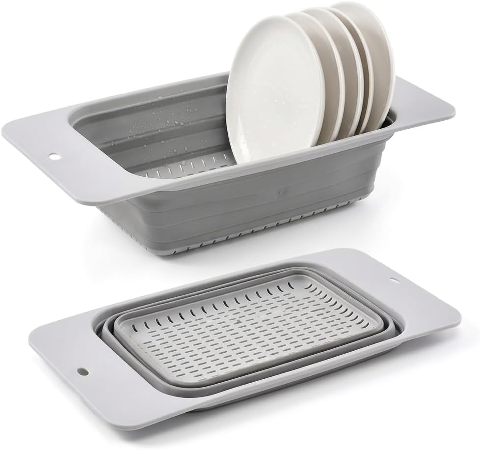 Monozuki Collapsible Colander – Space Saving Silicone Kitchen Strainer, Over The Sink Basket for Washing Fruits & Vegetables, Draining Pasta, Drying Dishes – Gray