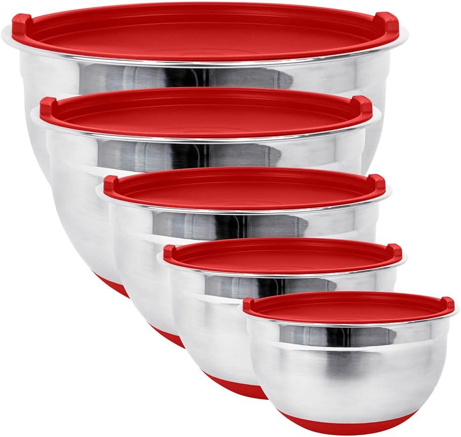 Stainless Steel Mixing Bowls with Lids and Non Slip Bases (Set of 5, Black)