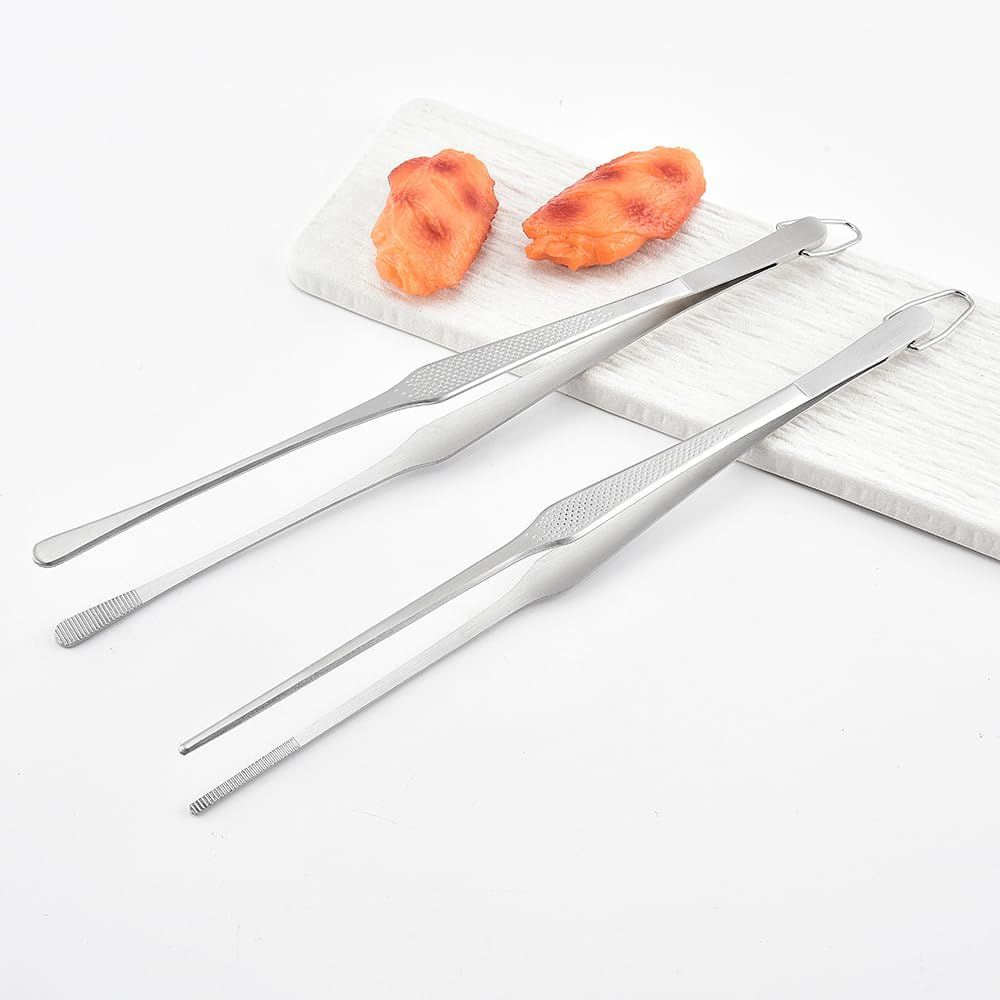 Stainless Steel Cooking Tweezers, 12-Inch Precision Kitchen Tweezers with Star Dot Texture, Wider Grip & Elevated Tips | Galaxy Grip Series, 2 Pcs (Black)
