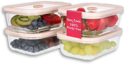 Ziruma Non-Toxic Glass Food Containers with Lids, 4-Pack, 35 oz, Beige | Plastic & BPA free. Glass body, glass lid & platinum silicone seal. Airtight & leakproof. Freezer & microwave safe.