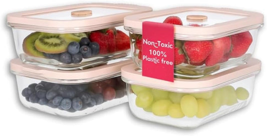 Ziruma Non-Toxic Glass Food Containers with Lids, 4-Pack, 35 oz, Beige | Plastic & BPA free. Glass body, glass lid & platinum silicone seal. Airtight & leakproof. Freezer & microwave safe.