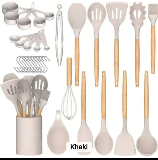“37-Piece Silicone Kitchen khaki Utensil Set – Food-Grade Nonstick Cooking Tools with Wooden Handles, Measuring Cups & Spoons, Tongs, Spatulas, Ladle, Oven Mitt & Holder – Heat Resistant & BPA Free”