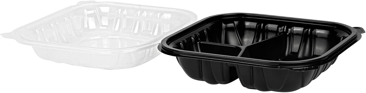 Thermo Tek 40 Ounce Clamshell Containers, 50 Disposable Take Out Boxes - 3 Compartments, Ventilated Lids, Black Plastic Meal Prep Containers, Microwavable, For Pasta Or Salads - Restaurantware