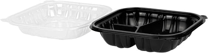 Thermo Tek 40 Ounce Clamshell Containers, 50 Disposable Take Out Boxes - 3 Compartments, Ventilated Lids, Black Plastic Meal Prep Containers, Microwavable, For Pasta Or Salads - Restaurantware