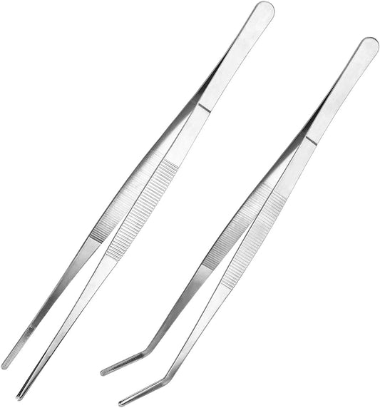 Kitchen Long Tweezers Set, LEEFONE 2 PCS 12 Inch Stainless Steel Food Tweezers with Precision Serrated Tips for Cooking & Baking (Straight + Curved)