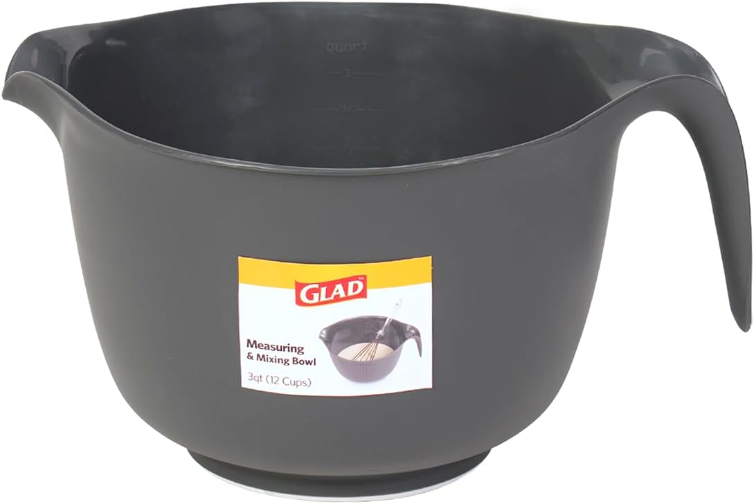 Glad Mixing Bowl with Handle – 3 Quart | Heavy Duty Plastic with Pour Spout and Non-Slip Base | Dishwasher Safe Kitchen Supplies for Cooking and Baking, Red
