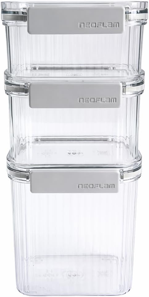 Neoflam 3 Set Airtight Kitchen Pantry Dry Food Container with Handle, Dog, Cat, Pet Feed Dispenser with Measuring Cup, Refrigerator Cabinet Organization for Cereal, Rice, Grain, Pasta (61oz, 1800ml)
