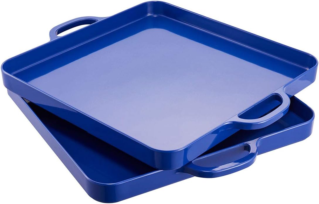 i BKGOO Foodservice Red Plastic Tray with Handle Set of 2 Large Melamine Cube Serving Platters for Parties, Table, Kitchen Size(12.5"x12.5"x1")
