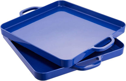i BKGOO Foodservice Red Plastic Tray with Handle Set of 2 Large Melamine Cube Serving Platters for Parties, Table, Kitchen Size(12.5"x12.5"x1")