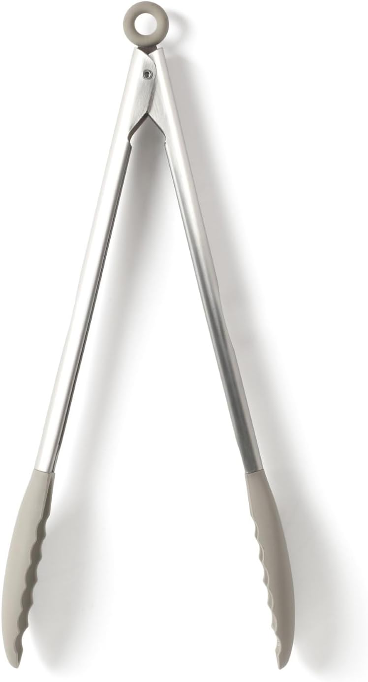 Calphalon Edge Tongs Set, 2-Piece Stainless Steel Kitchen Tongs Set with Silicone Heads, Includes 9-Inch & 12-Inch Heat-Resistant Locking Tongs for Cooking, Grilling & Serving, Taupe