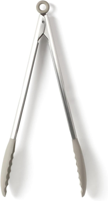 Calphalon Edge Tongs Set, 2-Piece Stainless Steel Kitchen Tongs Set with Silicone Heads, Includes 9-Inch & 12-Inch Heat-Resistant Locking Tongs for Cooking, Grilling & Serving, Taupe