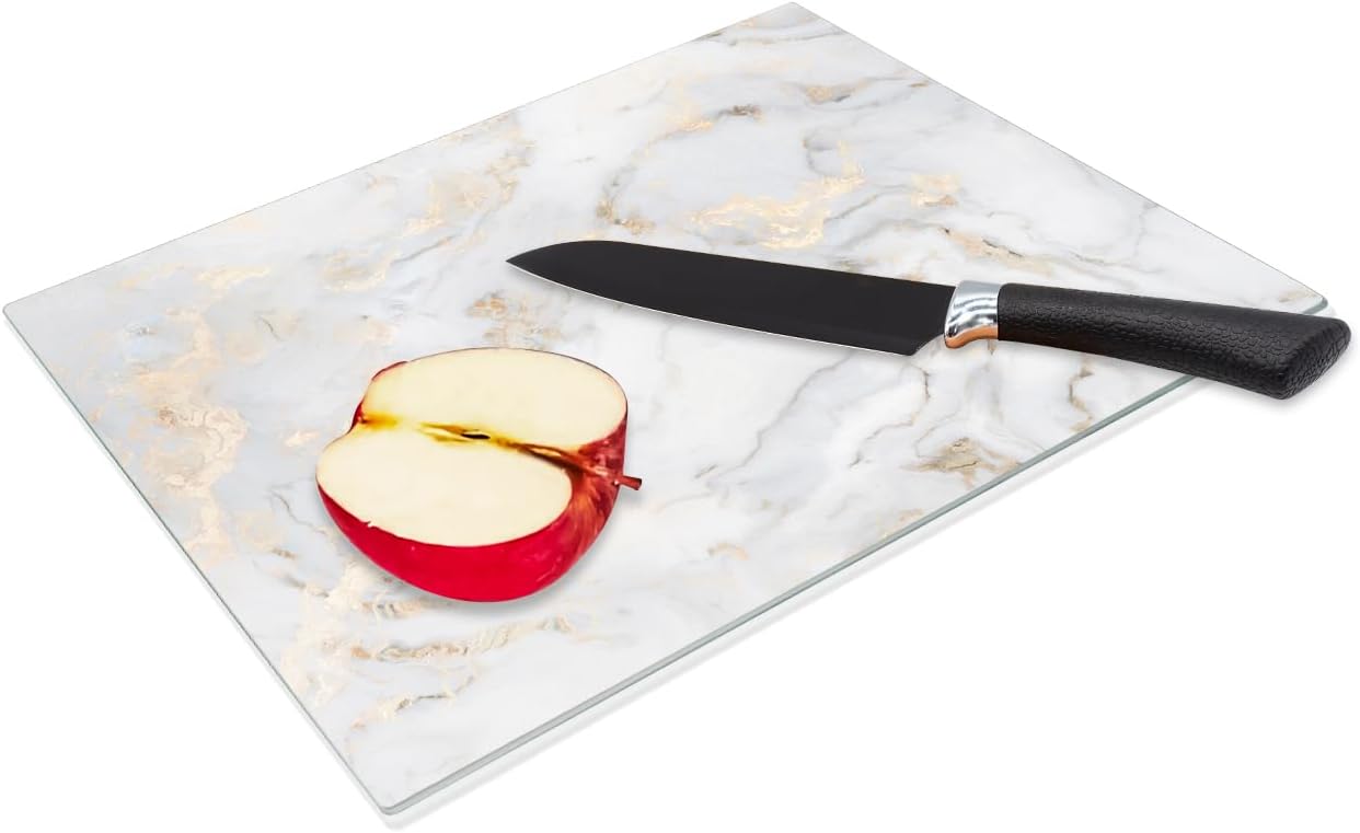 JAMBALAY Tempered Glass Cutting Boards for Kitchen, Gold 12"x8" & 16"x12" Glass Cutting Board Set with Marble Design, With Non Slip Foot, Shatter and Heat Resistant, Dishwasher Safe