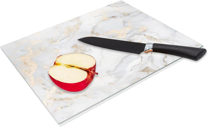 JAMBALAY Tempered Glass Cutting Boards for Kitchen, Gold 12"x8" & 16"x12" Glass Cutting Board Set with Marble Design, With Non Slip Foot, Shatter and Heat Resistant, Dishwasher Safe
