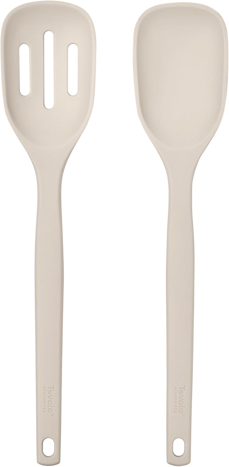 Tovolo Elements Silicone Spoon Set of 2 Mixing and Slotted Spoon Bundle for Non Stick Cooking Mixing Serving, Dishwasher Safe Heat Resistant Slotted Spoon and Mixing Serving Spoon, Oatmeal