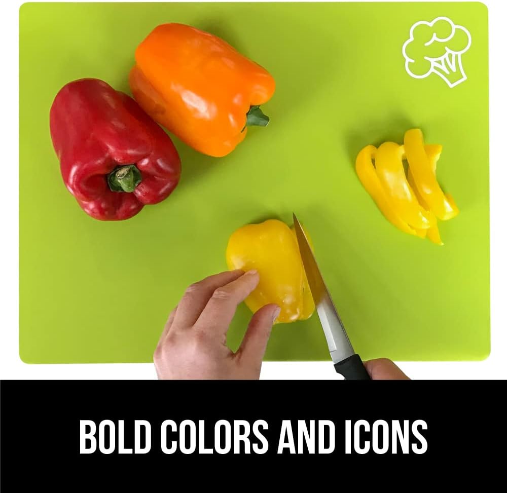 GORILLA GRIP 100% BPA-Free Flexible Cutting Board Set of 5, Durable Plastic Mats with Food Icons for Meal Prepping, Large and Mini Kitchen Chopping Mat, Use for Meat Fish Vegetables Fruit, Multicolor
