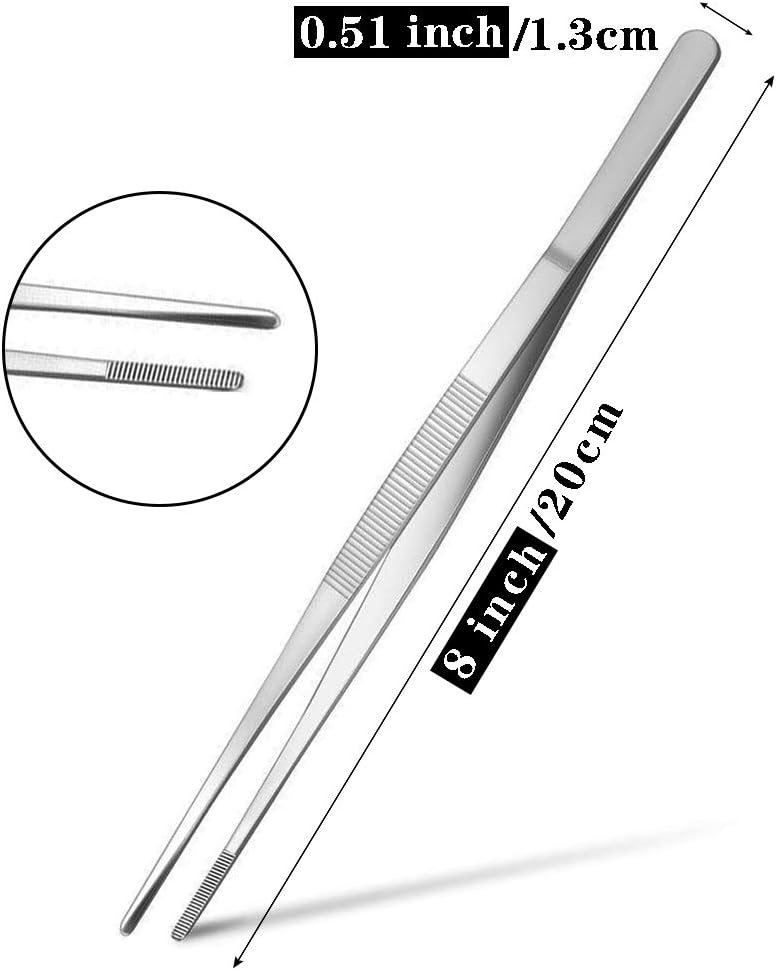 Kitchen Tweezers Stainless Steel 8 Inch Long Tweezers Tongs, Heavy Duty large food tweezers with Precision Serrated Tips for Cooking(8" Straight+Curved)