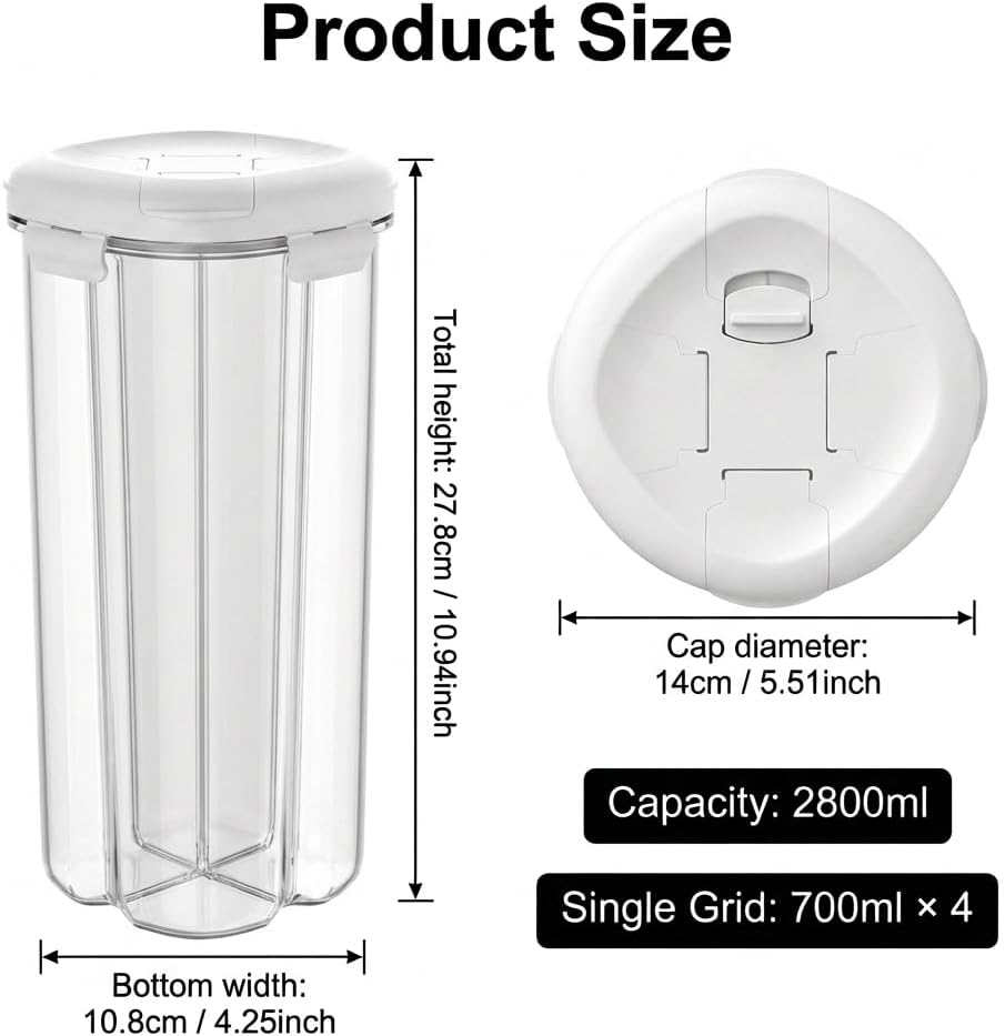 4 Compartment Airtight Cereal Storage Containers Set with Lids 2.9 Qt | Food Storage Jar, Pantry Organization, Pasta Cereal Dry Food, Stackable Pantry Storage Container, Nordic Style Storage
