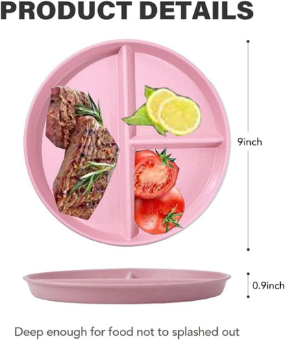 LRUUIDDE (5 Pack) Portion Control Plate for Balanced Eating, 9" Unbreakable Divided Plates,3 Compartment Plates, Reusable Plastic Plates, BPA Free for Adults