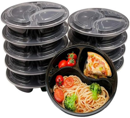 48oz - 3 Compartment - Disposable Black Meal Prep/Bento Box with Clear Dome Lids - Round Plastic Meal Containers - Reusable Box : Perfect For Salad, Meal Prep and Fruits : Set of 10