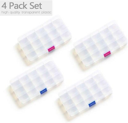 Opret 15 Grids Bead Organizer(4 Pack), Earring Organizer Box, SMALL Plastic Clear Organizing Containers with Adjustable Dividers for Crafts Jewelry Screws Small Items, Size 6.9×3.9×0.9in