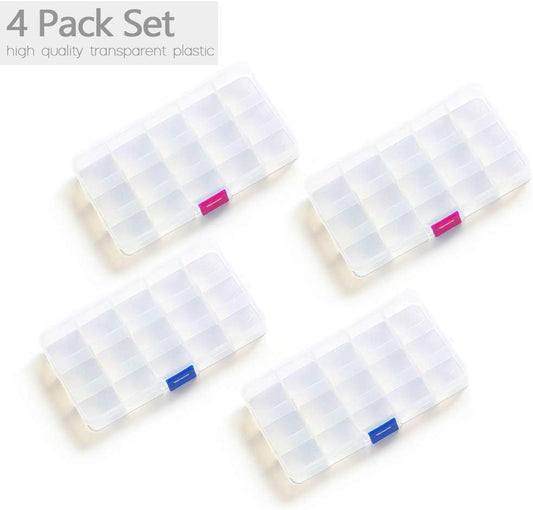 Opret 15 Grids Bead Organizer(4 Pack), Earring Organizer Box, SMALL Plastic Clear Organizing Containers with Adjustable Dividers for Crafts Jewelry Screws Small Items, Size 6.9×3.9×0.9in