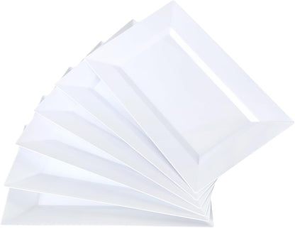 Mwellewm 12 Pcs White Plastic Serving Trays with Gold Rim, 14''x9'' Rectangle Dessert Trays for Dessert Table, Disposable Platters Cookie Cupcake Gold Serving Tray for Birthday Party Wedding