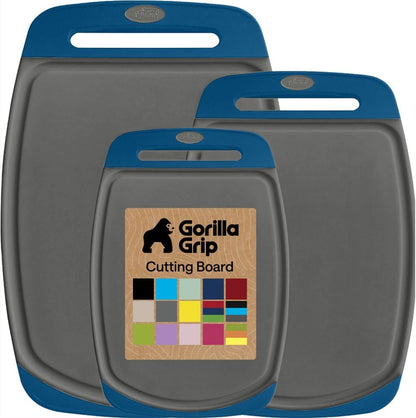 GORILLA GRIP BPA-Free Reversible Kitchen Cutting Board Set of 3, US Designed, Nonporous, Juice Grooves Catch Liquid, Slip Resistant Border, Dishwasher Safe, Durable Large Food Chopping Boards, Black