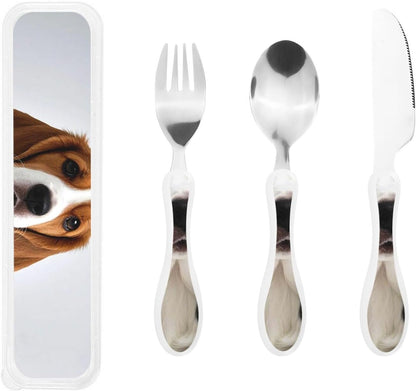3-Piece Kids Silverware Set With Storage Case, Stainless Steel Reusable Children Safe Knife Spoon Fork Set Cute Puppy Children Flatware Set For Kids Lunch Box