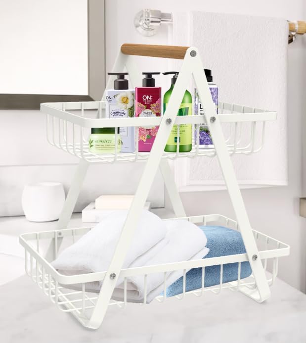 mahueeol 2-Tier Countertop Fruit Basket, Detachable Metal Rectangular Fruit Bowl with Portable Wooden Handle, Multi-Purpose Storage Organizer for Kitchen, Dining Room, Fruits,Vegetables,Bread & Snacks