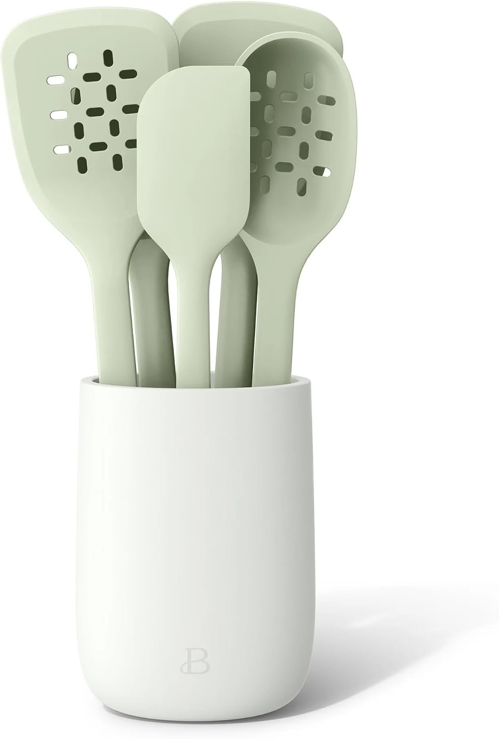 6 Piece Silicone Kitchen Utensil Set with Holder, Heat Resistant Cooking Tools, Nonstick Safe Spatula Spoon Turner Set with Ceramic Storage Crock