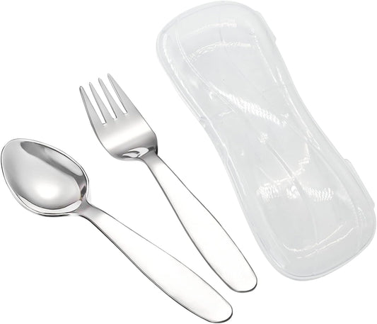 VANRA 2 Pieces Children Fork Spoon Set with Travel Case for Lunch Box, 18/8 Stainless Steel Kids Silverware Flatware Set Kids Utensil Set for School, 5.9in (Fork Spoon)