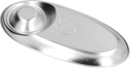 Tissting 304 Stainless Steel Chip Dip Platter Silver Oval Divided Spice Dish Snack Plate for Dip, Appetizers, Snacks, Veggies, Chips, Two Compartment Serving Tray,for Home Outdoor Camping(S-7.9in)