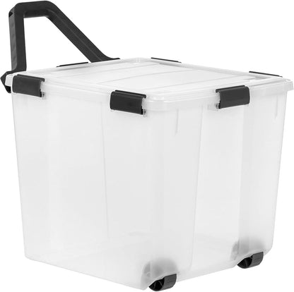 IRIS USA Storage Bins with Lids, WeatherPro Wheeled 106 Qt, Plastic, 3 Pack | Weather-tight gasket, wheels, and secure latches protect camping gear, tools, holiday décor, clothing, and documents.