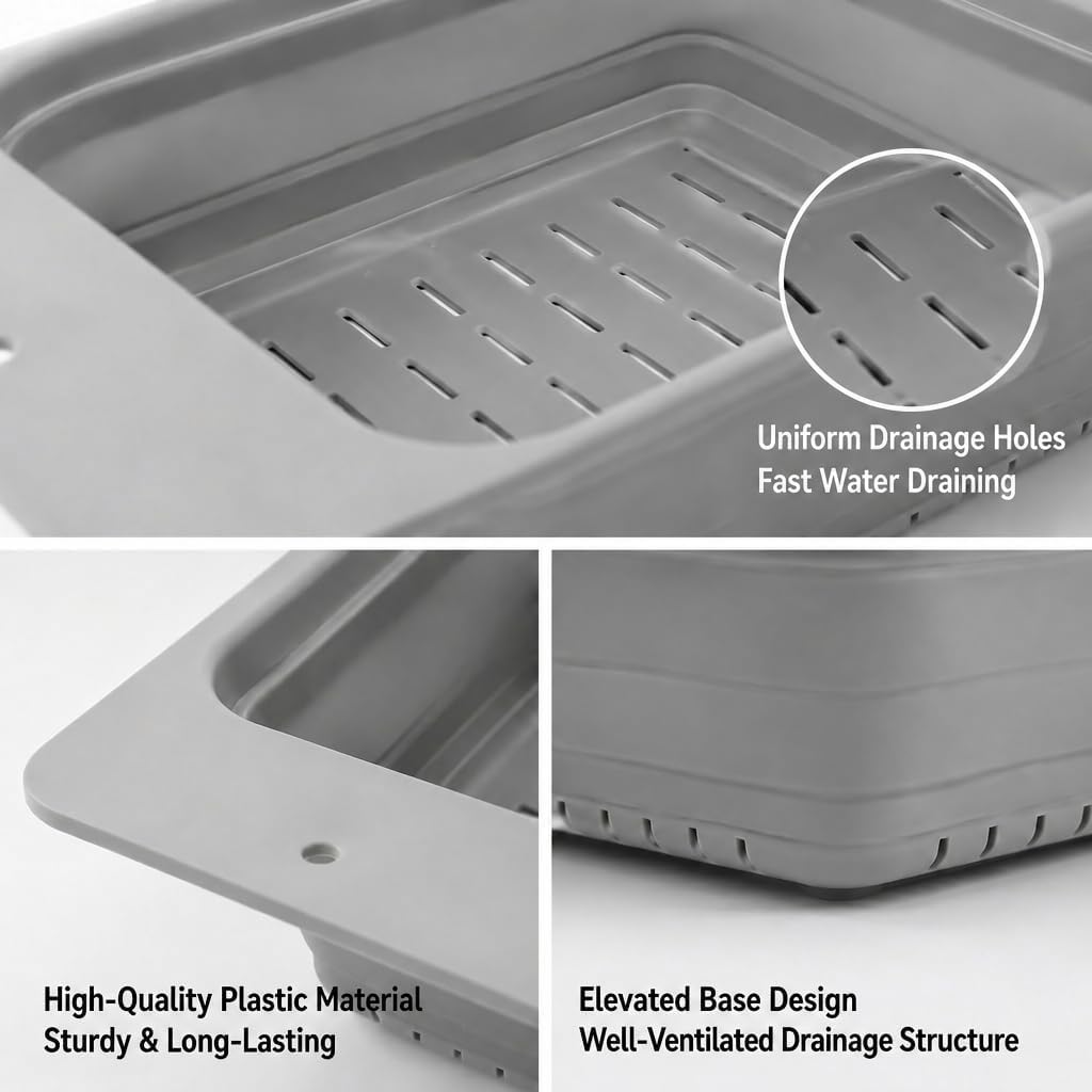 Monozuki Collapsible Colander – Space Saving Silicone Kitchen Strainer, Over The Sink Basket for Washing Fruits & Vegetables, Draining Pasta, Drying Dishes – Gray