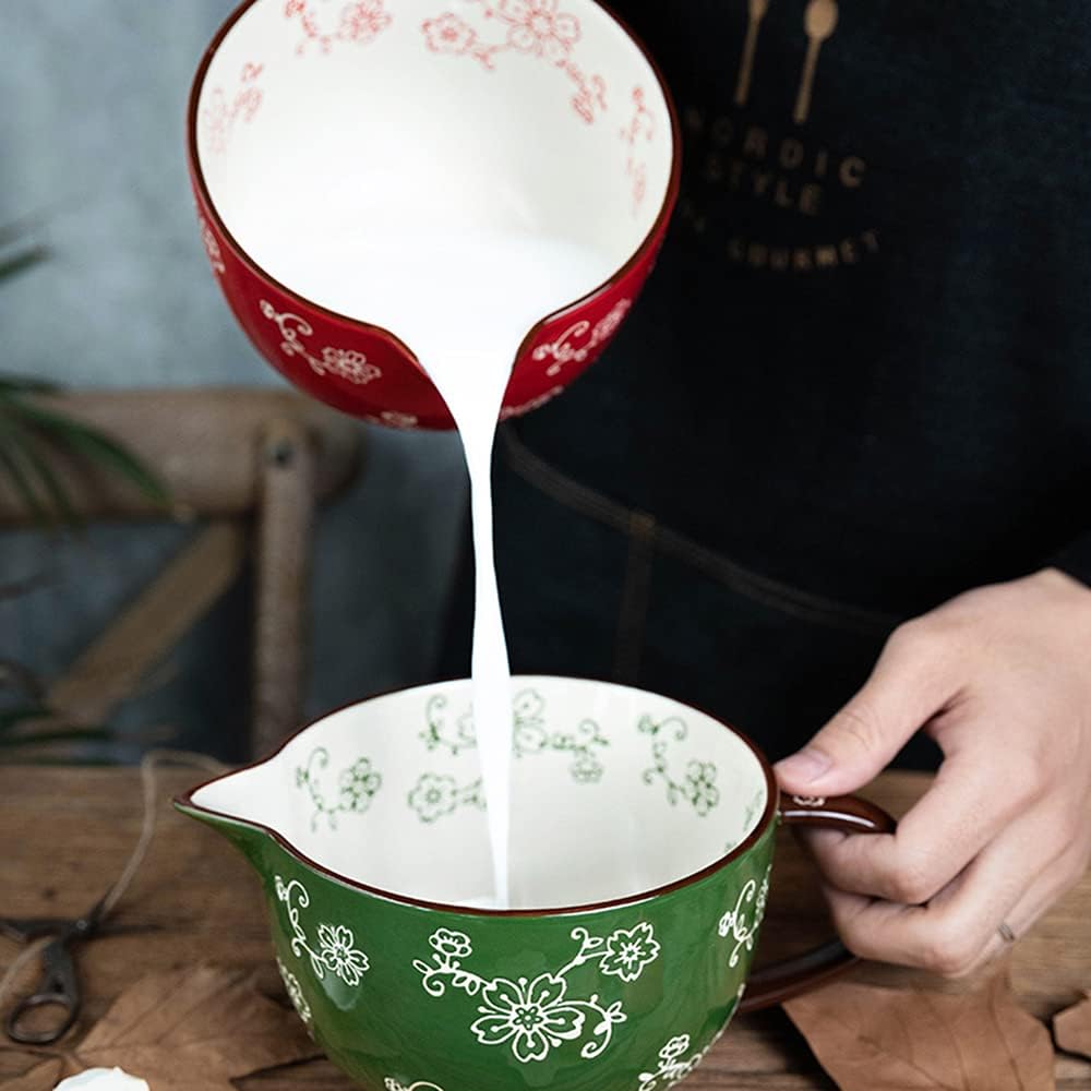 Gaolinci Cherry Blossom Pattern Kitchen Ceramic Mixing Bowl, 1 Quart Large Bowl, with Pouring Spout and Handle