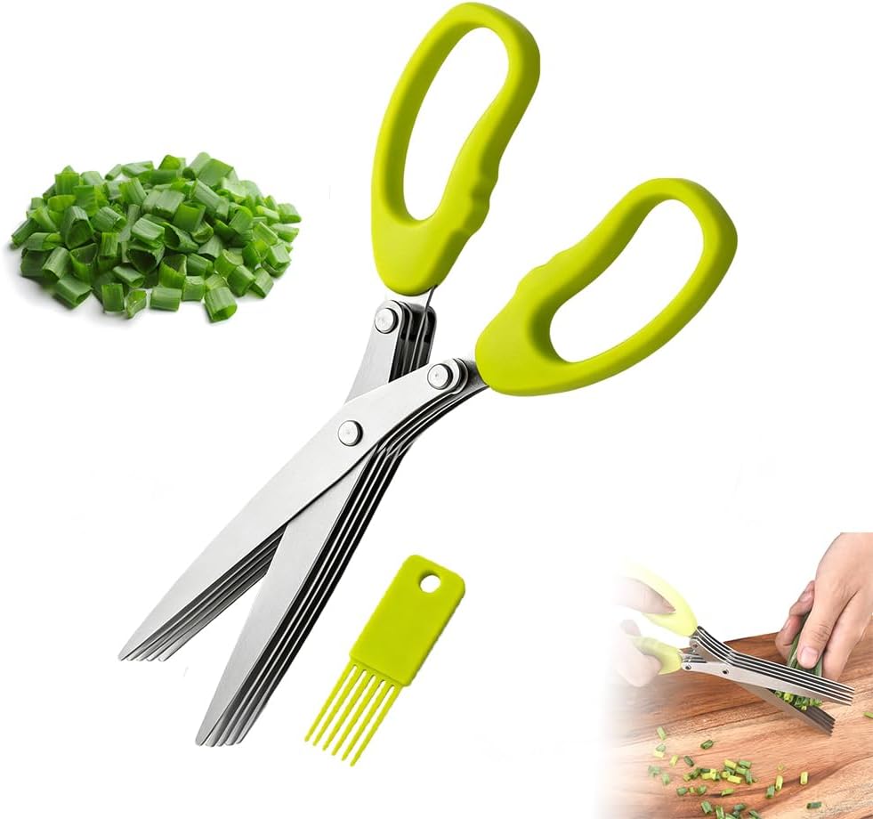 5-Blade Stainless Steel Herb Scissors Multipurpose Kitchen Gadgets (Green)
