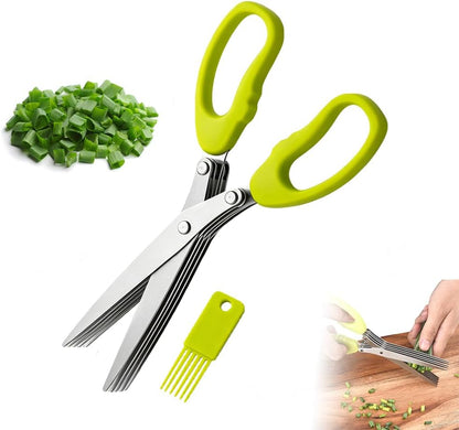 5-Blade Stainless Steel Herb Scissors Multipurpose Kitchen Gadgets (Green)