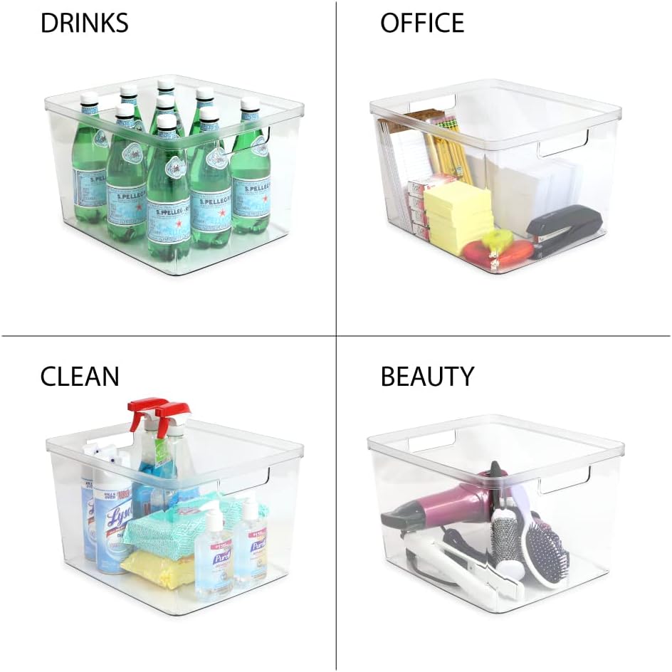 Isaac Jacobs 2-Pack Square Clear Storage Bins (10” L x 10” W x 6.1” H) w/Cutout Handles, Plastic Organizer for Home, Office, Kitchen, Fridge/Freezer, Bathroom, BPA Free, Food Safe (2-Pack, Square)