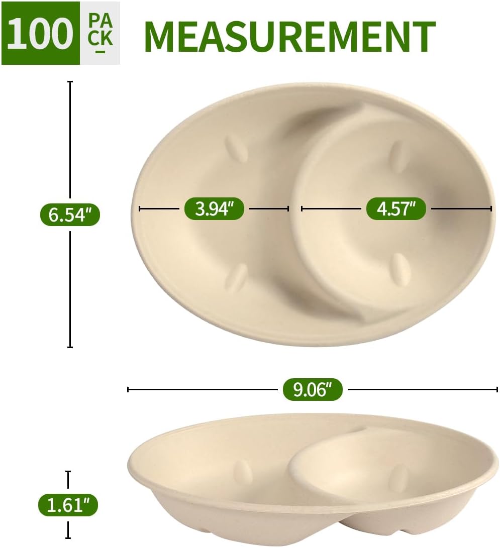 2 Compartment Bowls Disposable 100 Pack, Chip and Dip Bowl Disposable Divided Bowls for Chips and Salsa Serving