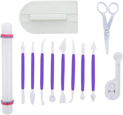 ScivoKaval Marshmallow Fondant Cake Decorating Hand Tool 12 Pcs 5 Sets Sugarcraft Gumpaste Icing Smoother Rolling Pin Trimmer Cutter Embosser Flower Scissor Modelling Accessories Supplies Kit Multi