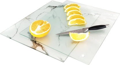 VASUHOME Tempered Glass Cutting Board Set of 2-16x12 inch Marble Pattern Cutting Board for Kitchen Counter - Scratch, Heat, Shatter Resistant and Easy to Clean- Black and Clear