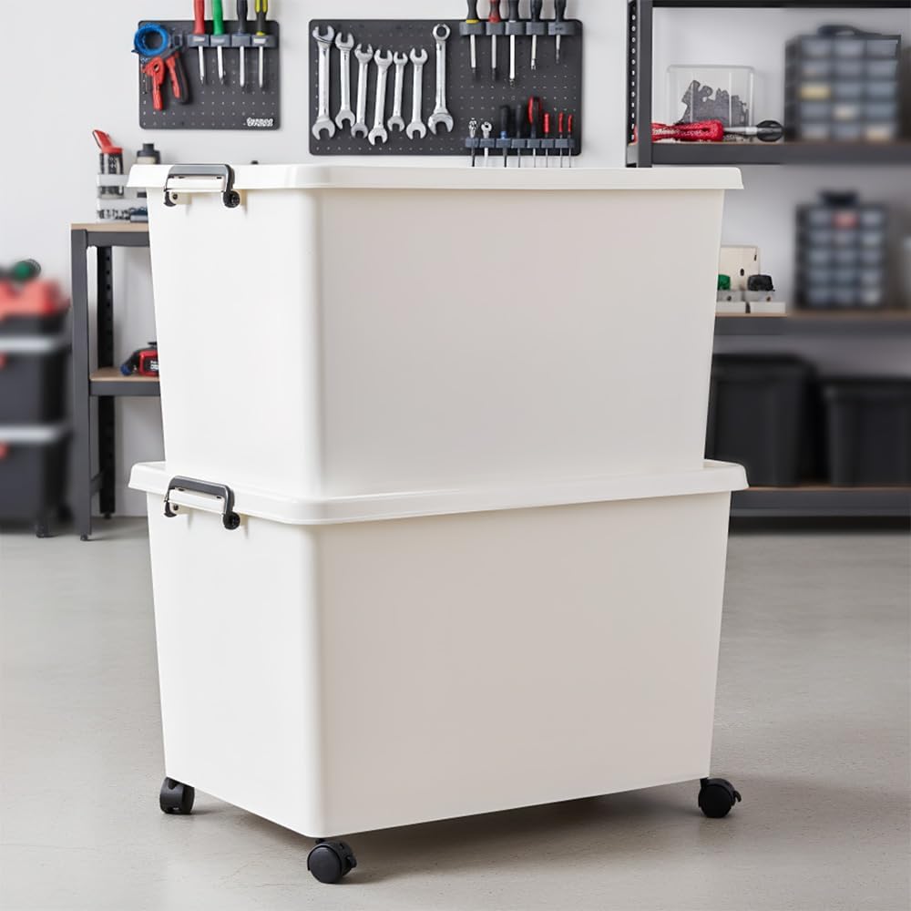 Large Stackable Plastic Storage Bins with Wheels, 3-Pack 60 Quart White Thickened Latching Lid Containers with Lockable 360° Casters for Home, Office, Bathroom, and Dorm Organization