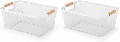 2-Pack Metal Mesh Basket, Large Wire Storage Organizer with Wood Handle for Kitchen Pantry, Bathroom, Cabinet, Closet, Picnic & Home Organization, Large, Black