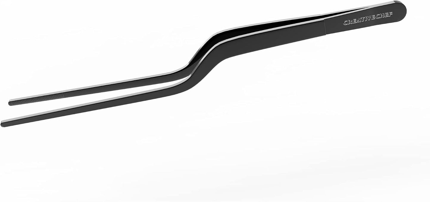 CREATIVECHEF 8 Inch Curved Stainless Steel Precision Kitchen Cooking Multi-function Tweezers Culinary Offset Tweezer Tongs (8" Curved, Bronze)