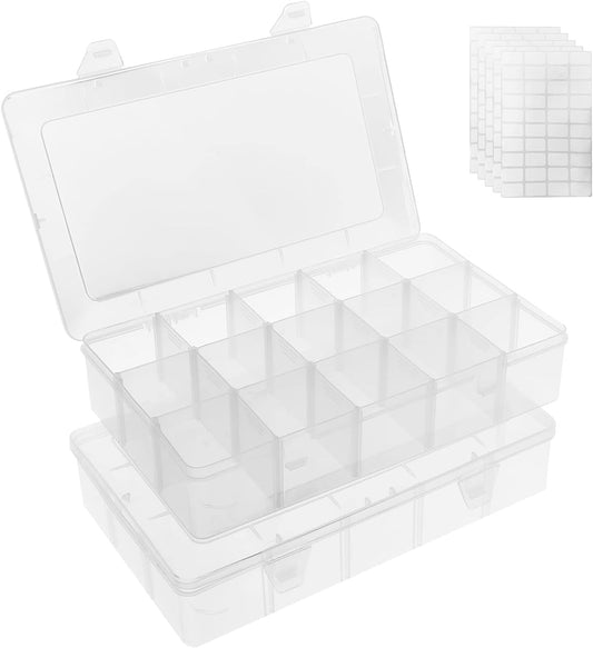 Umirokin 2 Pack 15 Grids Clear Plastic Organizer Box with Adjustable Dividers, Craft Storage Containers for Jewelry, Beads, Screws, Tackle Box, Washi Tapes, Small Parts Organizer for Arts and Crafts