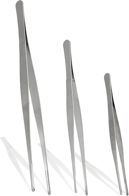 Bonsicoky 3Pcs Stainless Steel Tweezer Set (8" 10" 12") | Long Tweezers, Precision Serrated Straight Tips, Non-slip, For Cooking, Repairing, Medical, Garden