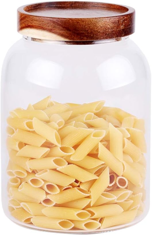 Large Glass Jar with Airtight Lid Set of 2 93 FL OZ(2750ml) glass canister set, Glass Food Containers Wooden Lid Suit for Kitchen Pantry for Flour, Tea, Coffee Beans, Sugar, Cookies(8.8 inch high)