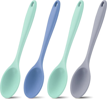 Shappy 4 Pieces Silicone Cooking Spoons 10.6 Inch Heat Resistant Kitchen Spoons for Mixing, Serving and Stirring Upgrade Large Non Stick Basting Utensils, Dishwasher Safe(Spoon,Fashionable Color)
